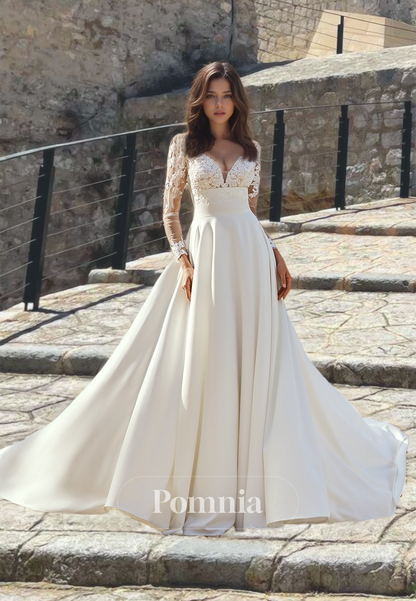 Chic A-Line Long Sleeves Illusion V-Neck Empire-Waist Corset Satin Wedding Dress