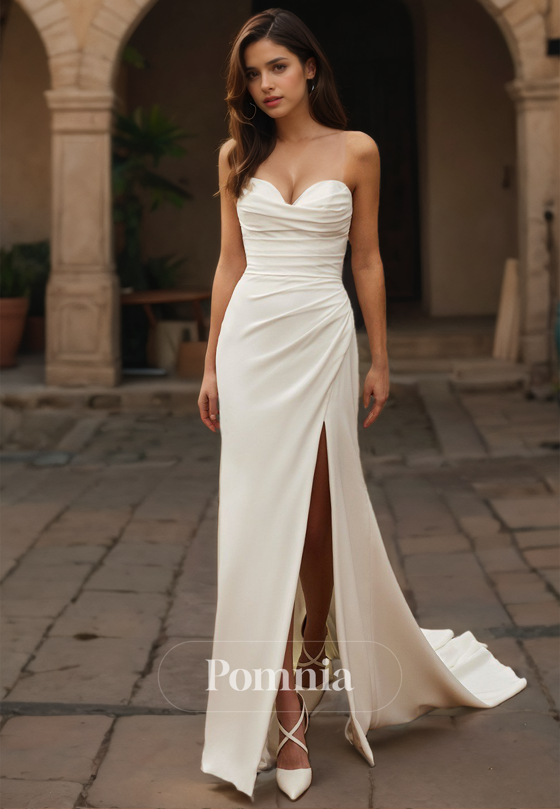 Charming Strapless Sleeveless Ruched Side Slit Sweep Train Mermaid Wedding Dress