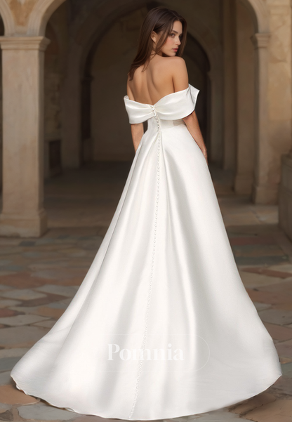 Elegant Off-Shoulder Sweetheart Side Slit Sweep Train Satin Wedding Dress