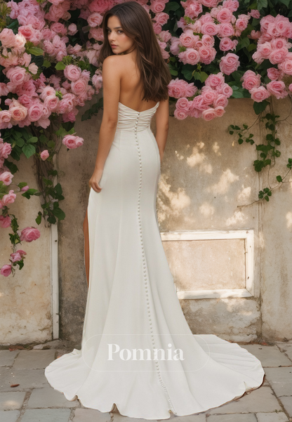 Charming Strapless Sleeveless Ruched Side Slit Sweep Train Mermaid Wedding Dress