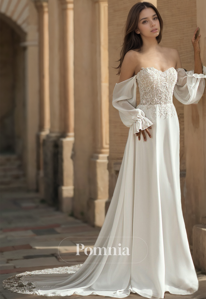 Elegant A-Line Off-Shoulder Long Sleeves Sweep Train Satin Wedding Dress