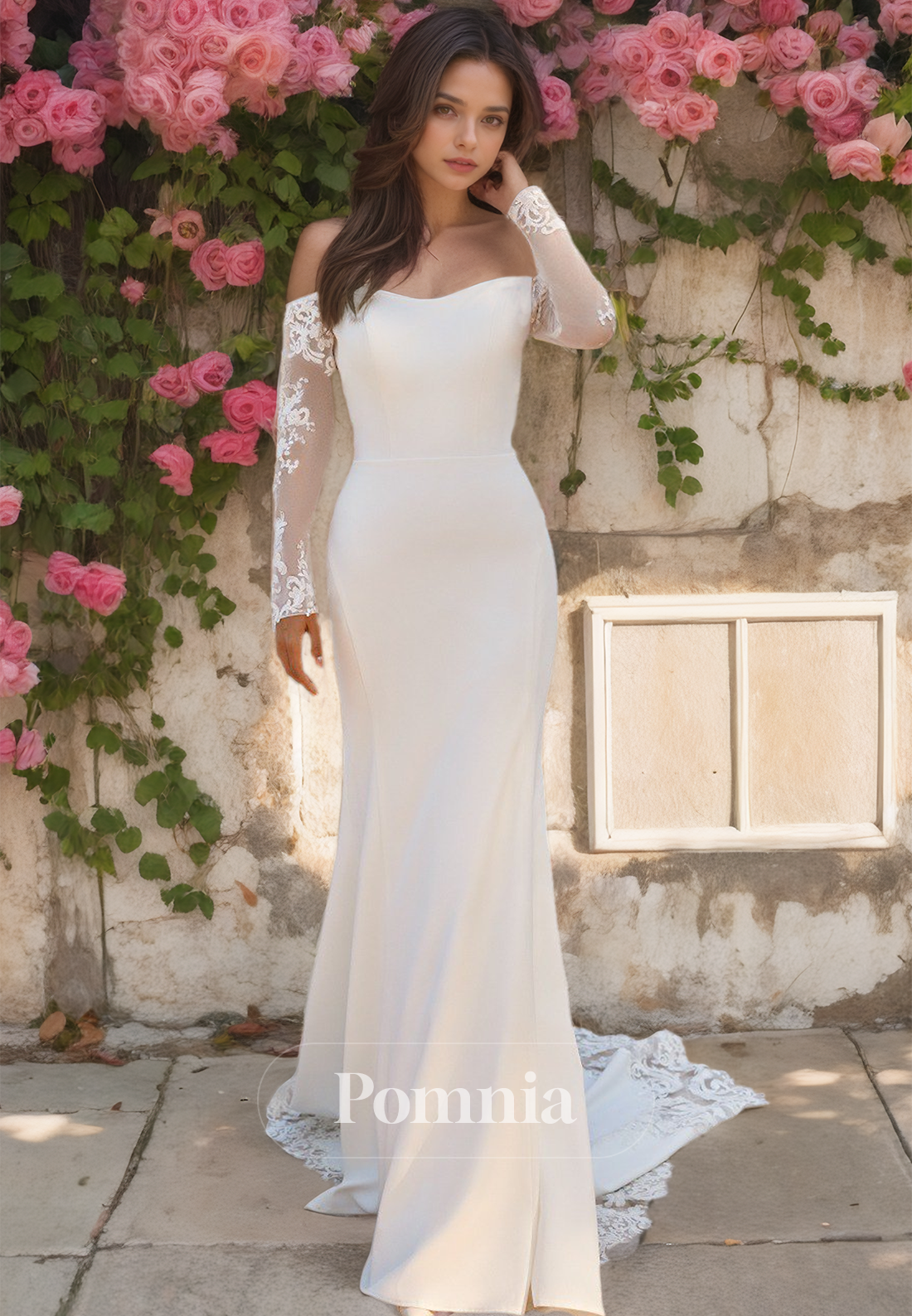 Modern Off-Shoulder Long Sleeves Backless Sweep Train Mermaid Wedding Dress