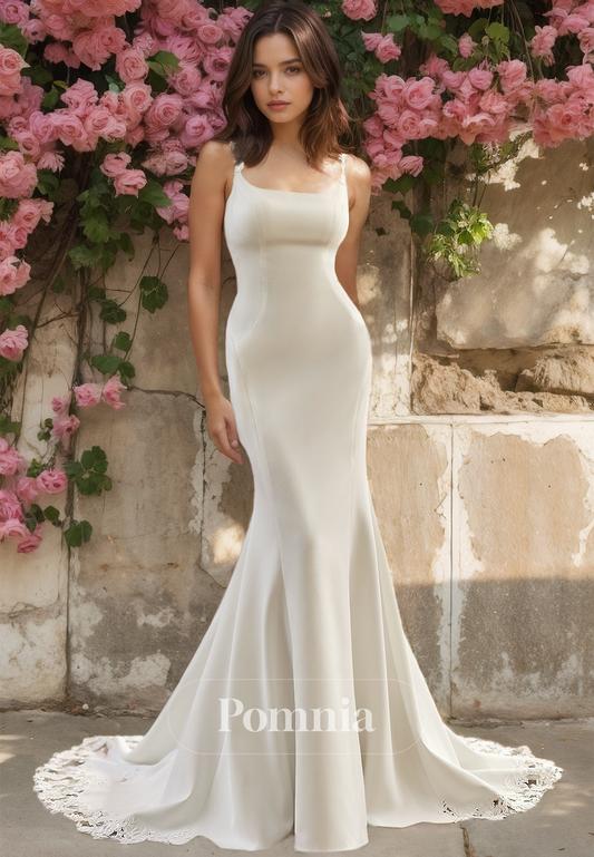 Simple Spaghetti Straps Sleeveless Scoop Backless Sweep Train Mermaid Wedding Dress