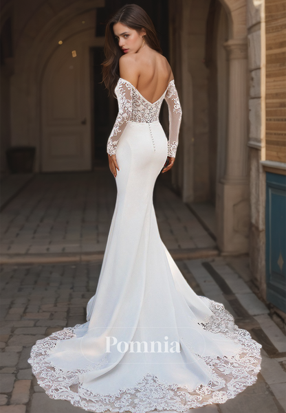 Modern Off-Shoulder Long Sleeves Backless Sweep Train Mermaid Wedding Dress