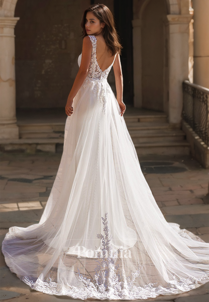 Simple Sheath Spaghetti Straps V-Neck Sweep Train Corset Tulle Satin Wedding Dress