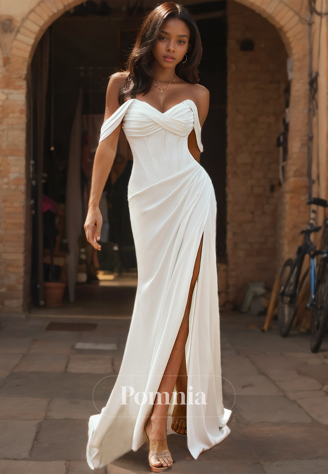 Simple Strapless Sleeveless Corset Side Slit Floor-Length Ruched Satin Wedding Dress