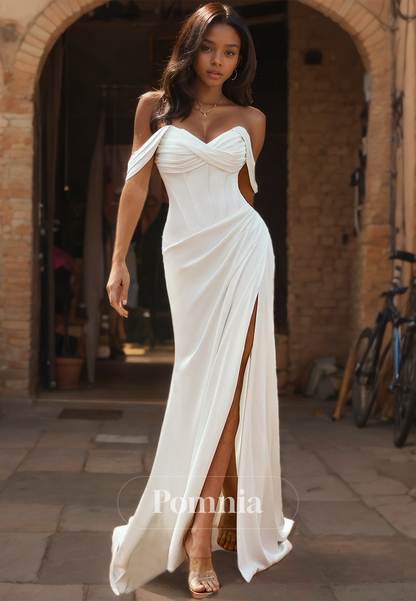 Simple Strapless Sleeveless Corset Side Slit Floor-Length Ruched Satin Wedding Dress