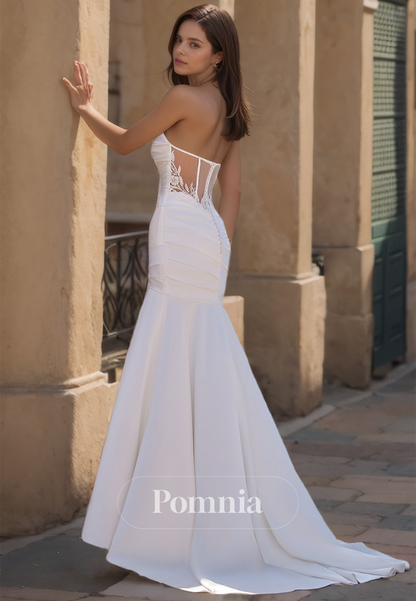 Simple Sweetheart Sleeveless Ruched Backless Sweep Train Mermaid Wedding Dress