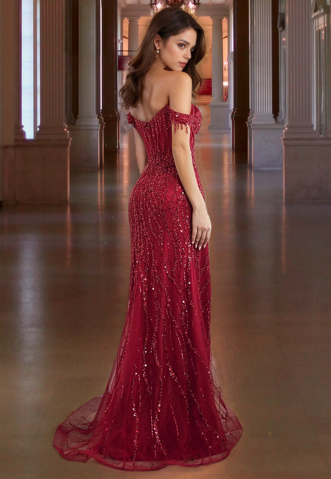 Sparkly Off-Shoulder Mermaid Prom Dress with Slit Sequins Evening Party Dress