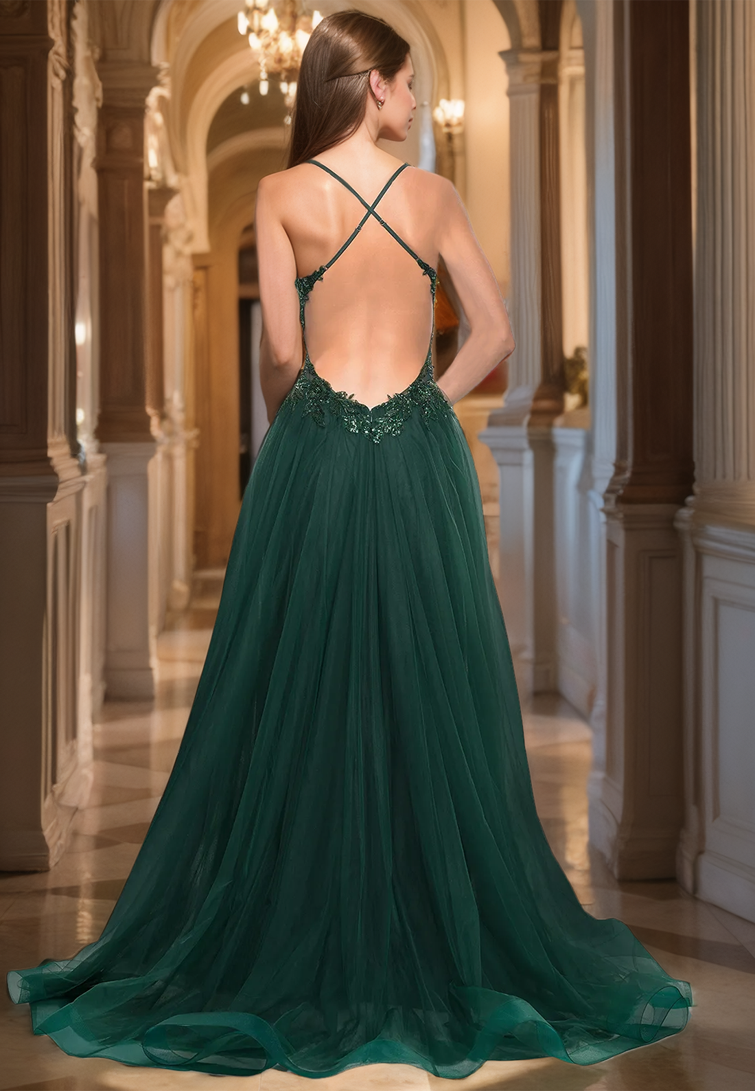 A-Line Spaghetti Straps V-Neck Prom Dress with Train Corset Tulle Evening Party Dress