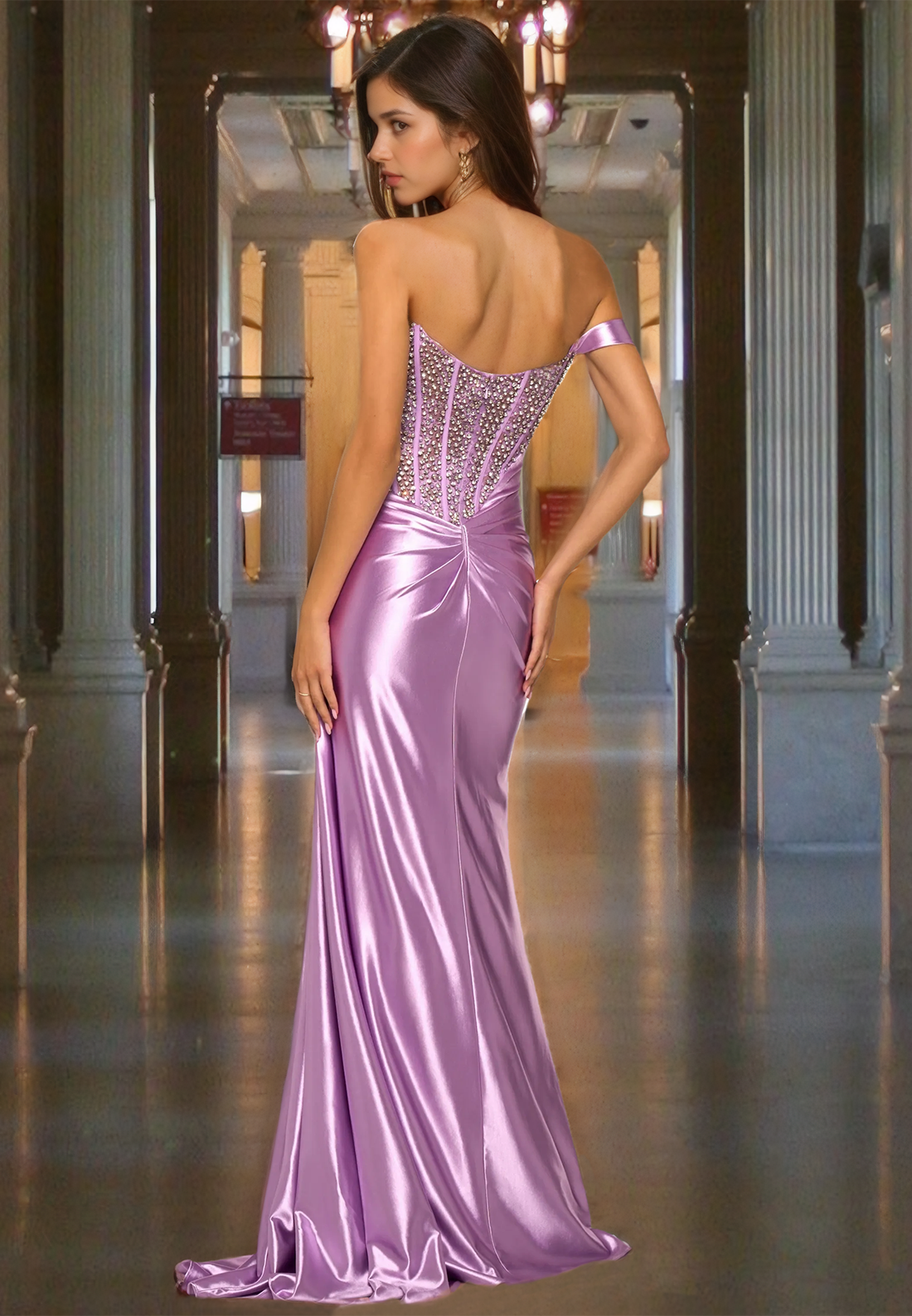 Lilac One-Shoulder Sleeveless Prom Dress with Beads Ruched Evening Party Dress