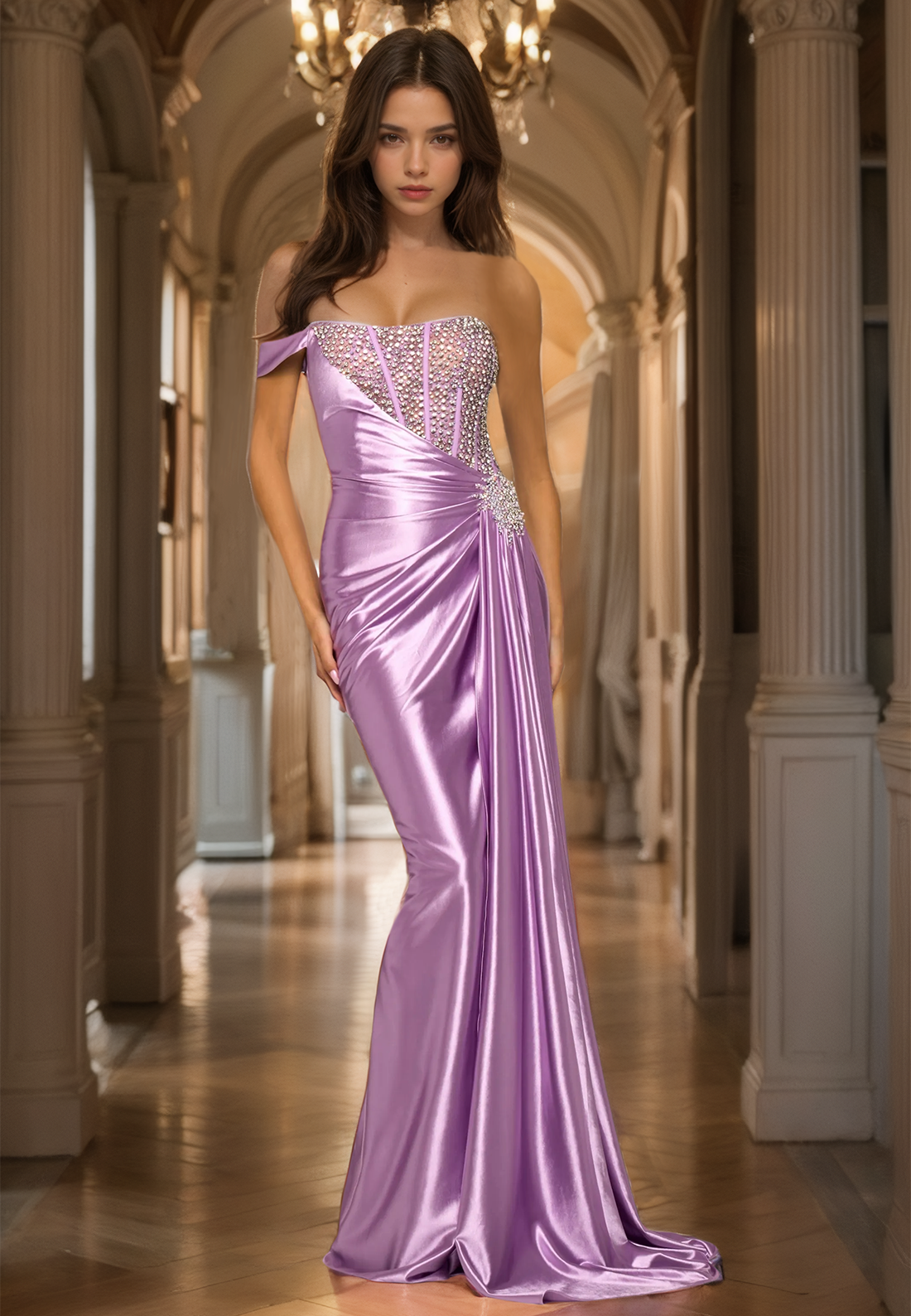 Lilac One-Shoulder Sleeveless Prom Dress with Beads Ruched Evening Party Dress