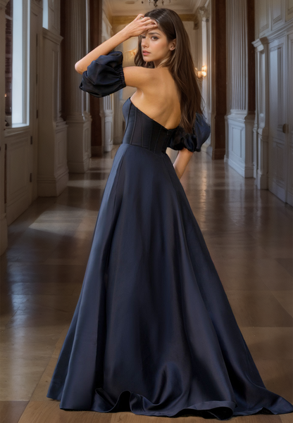 A-Line Cap Sleeves Sweetheart Prom Dress with Slit Backless Evening Party Dress