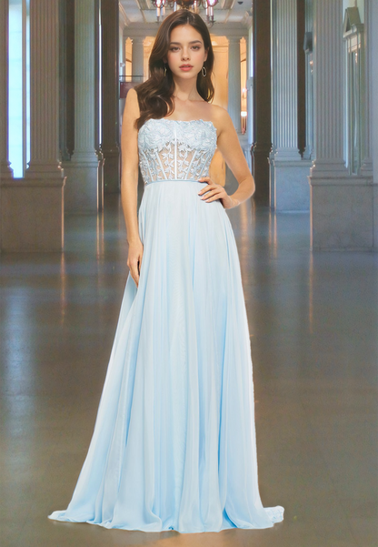 A-Line Strapless Prom Dress with Appliques Illusion Corset Tulle Evening Party Dress