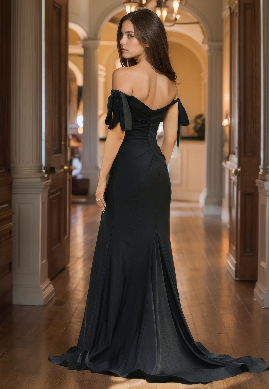 Charming Off-Shoulder Prom Dress with SIde Slit Ruched Backless Evening Party Dress