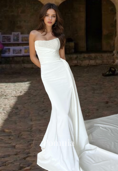 Simple Off-Shouder Strapless Sleeveless Court Train Beads Satin Wedding Dress