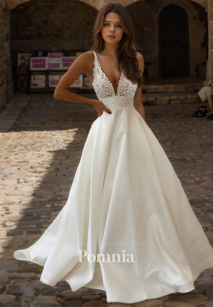 A-Line Spaghetti Straps V-Neck Empire-Waist Court Train Romantic Wedding Dress