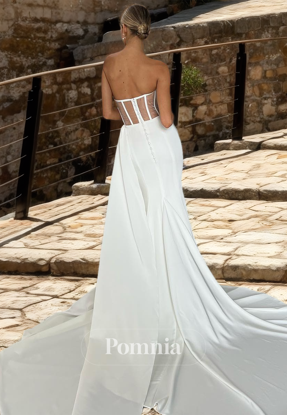 Simple Off-Shouder Strapless Sleeveless Court Train Beads Satin Wedding Dress