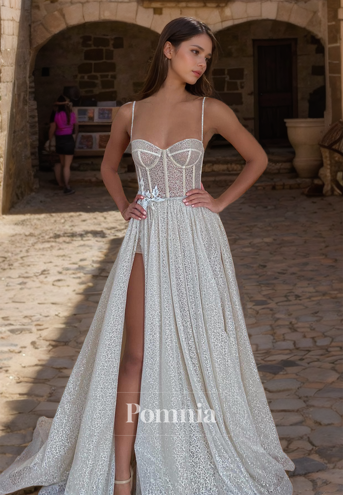 Charming Spaghetti Straps Corset Tulle Slit Illusion A-Line Wedding Dress