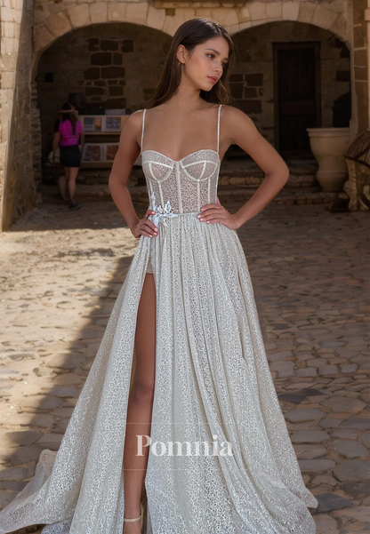 Charming Spaghetti Straps Corset Tulle Slit Illusion A-Line Wedding Dress