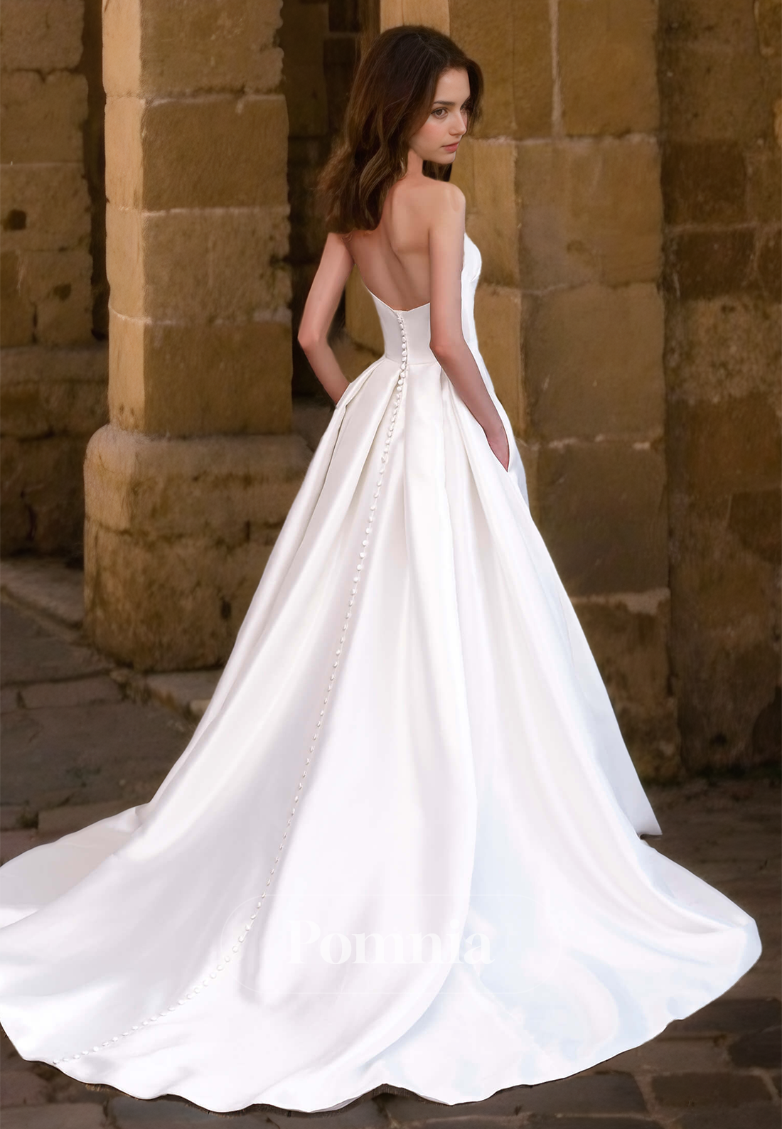 Elegant A-Line Backless Ruched Side Slit Court Train Satin Wedding Dress