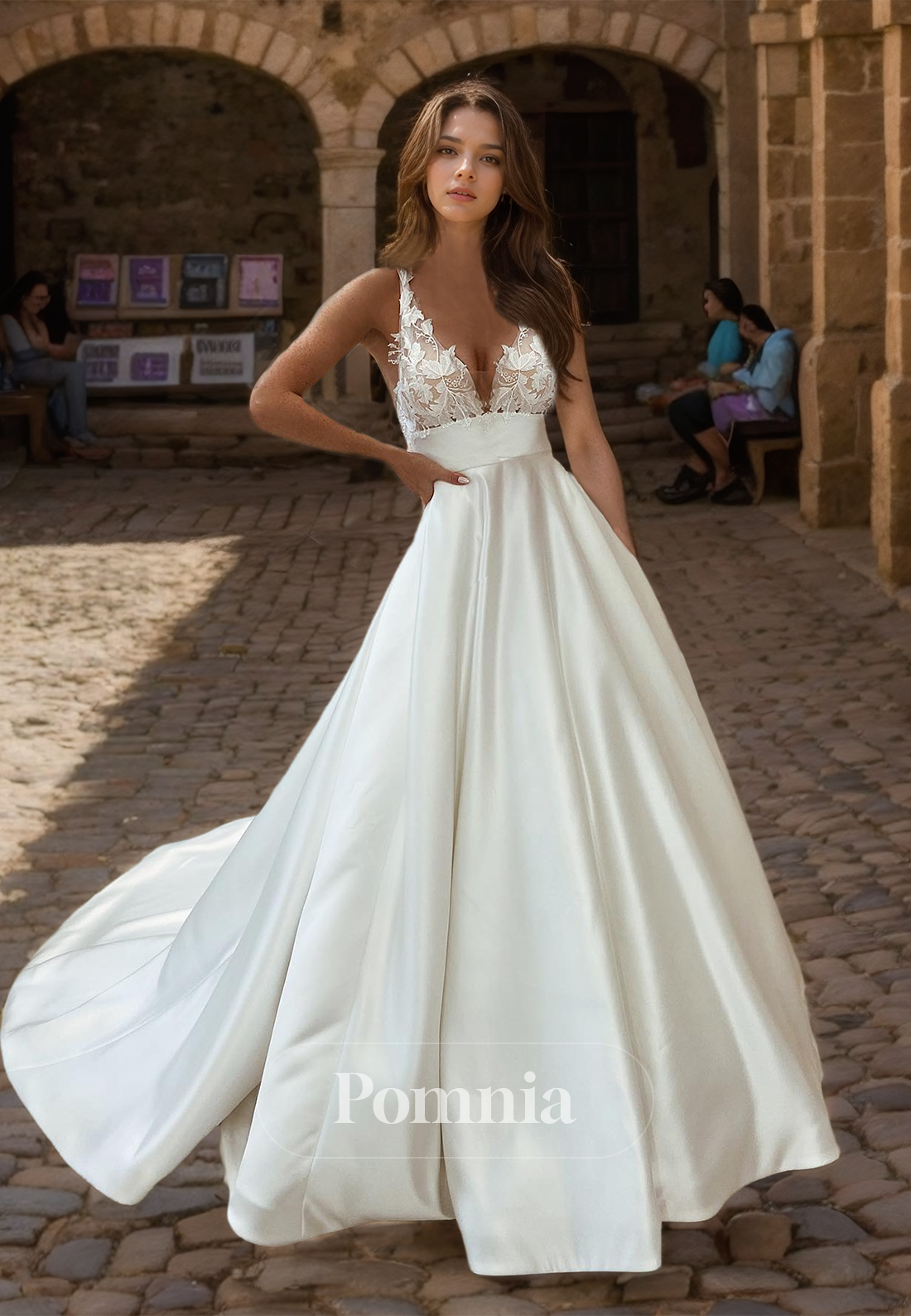 Spaghetti Straps Illusion Deep V-Neck Court Train A-Line Satin Wedding Dress