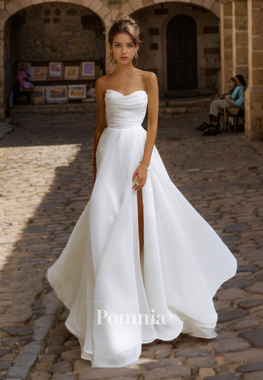 Simple A-Line Sleeveless Strapless Ruched Side Slit Satin Wedding Dress