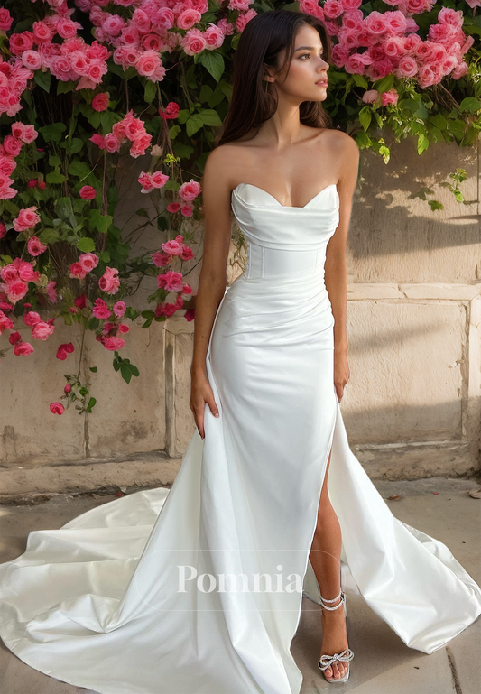 Simple Strapless Sleeveless Ruched Sweep Train Side Slit Satin Wedding Dress