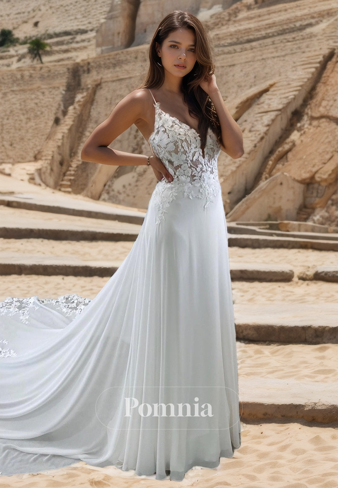 A-Line Spaghetti Straps V-Neck Court Train Corset Backless Lace Wedding Dress