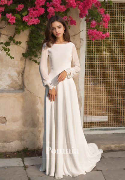 A-Line Backless Scoop Long Sleeves Sweep Train Satin Wedding Dress