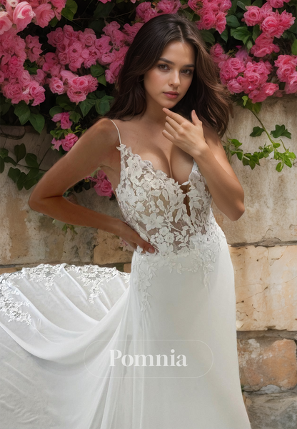 A-Line Spaghetti Straps V-Neck Court Train Corset Backless Lace Wedding Dress