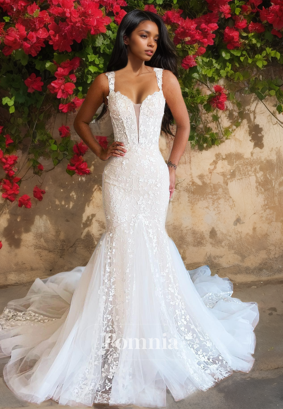 Spaghetti Straps Sweetheart Court Train Empire-Waist Mermaid Wedding Dress