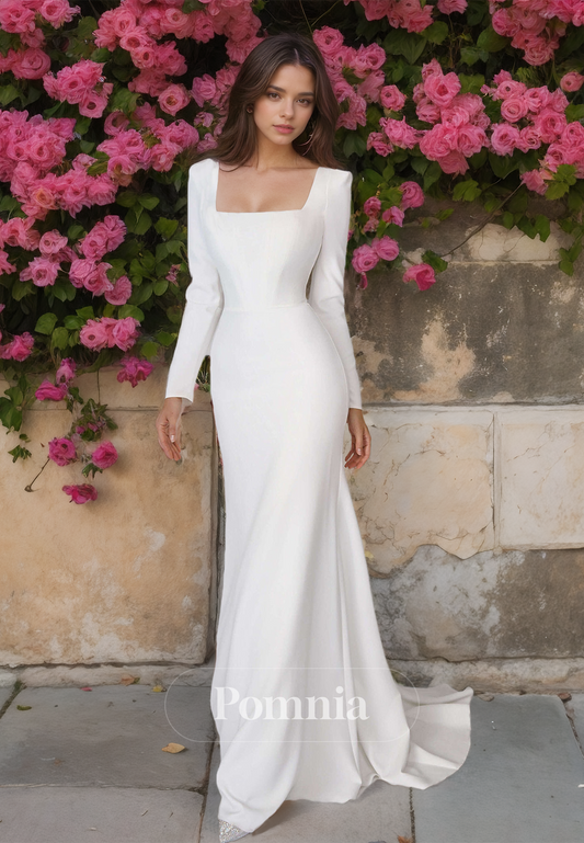 Elegant Square Long Sleeves Empire-Waist Sweep Train Satin Wedding Dress