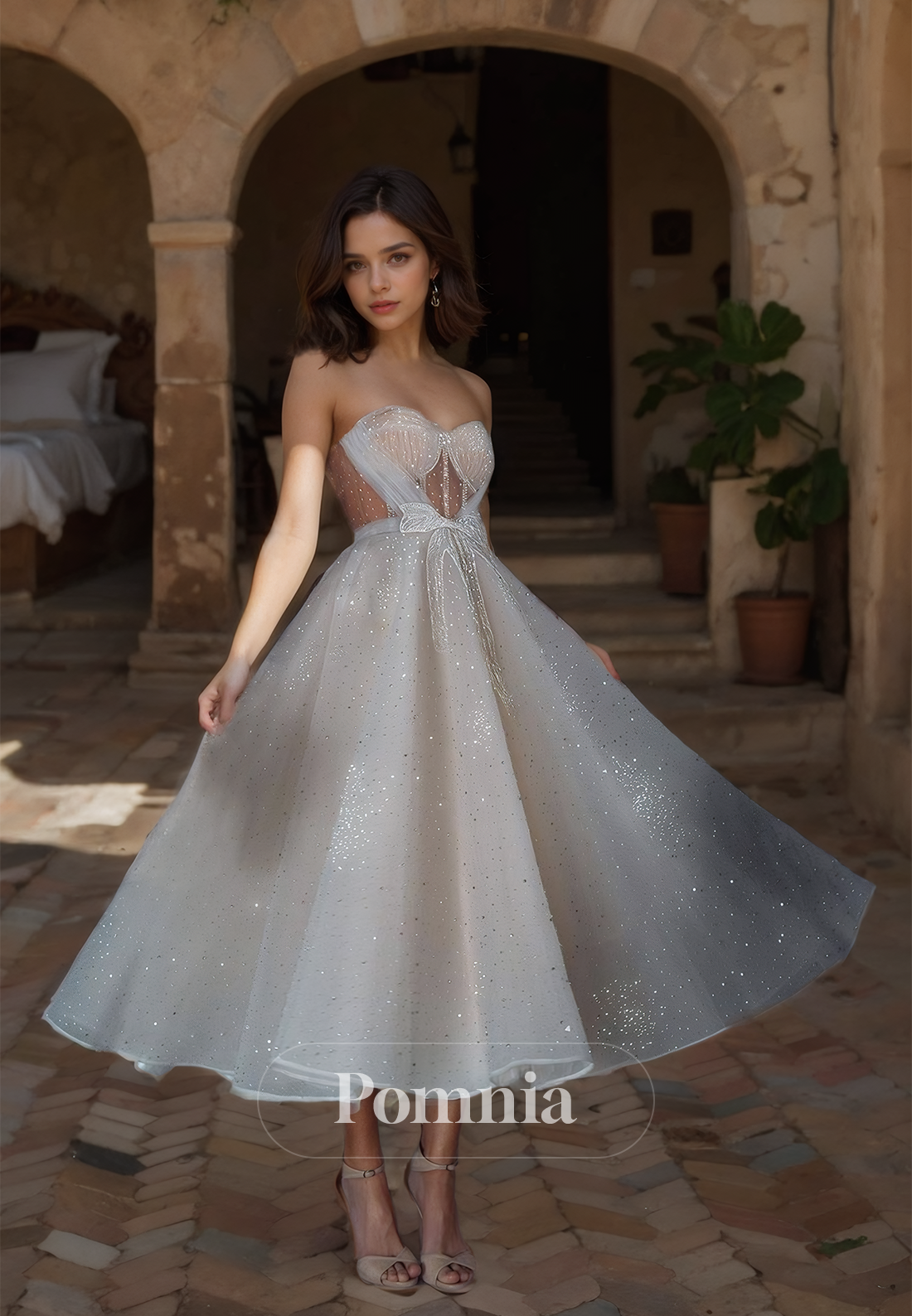 A-Line Strapless Sleeveless Illusion Corset Tulle Ankle-Length Romantic Wedding Dress