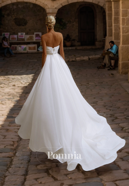 Simple A-Line Sleeveless Strapless Ruched Side Slit Satin Wedding Dress