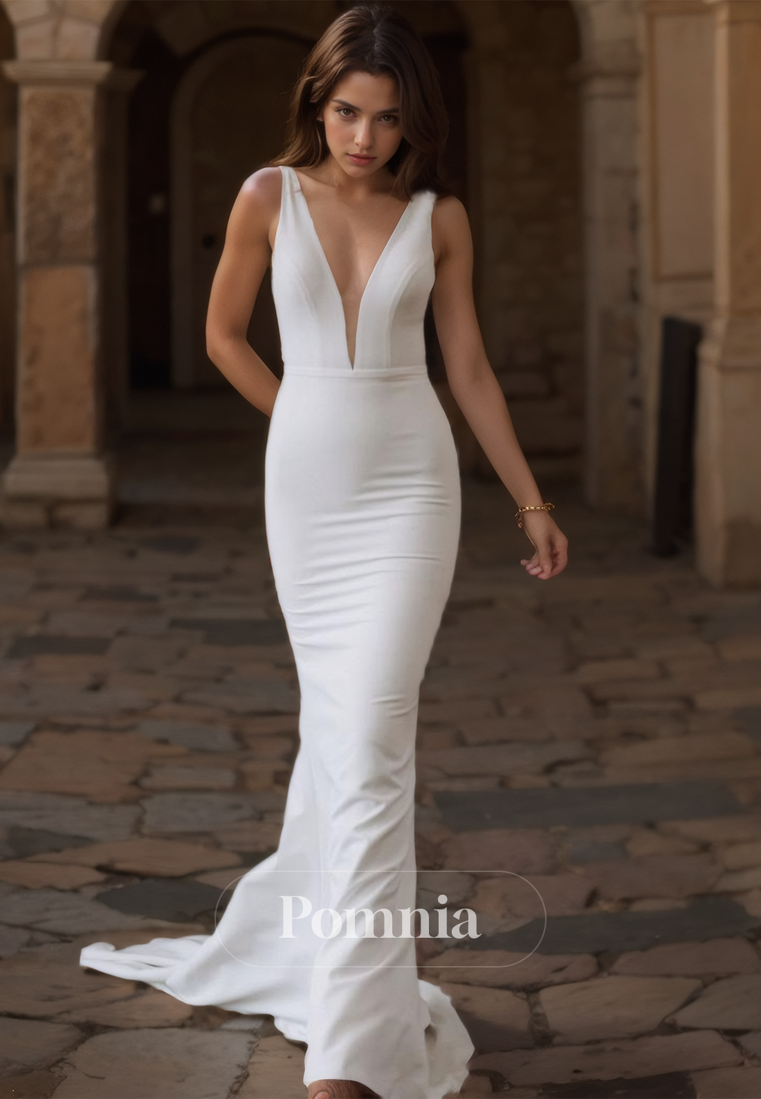 Simple Spaghetti Straps V-Neck Satin Sweep Train Mermaid Wedding Dress