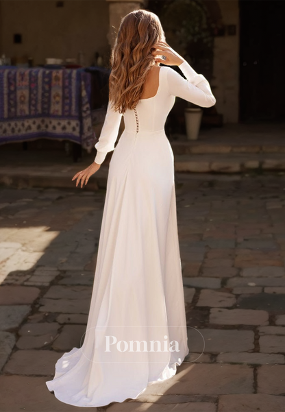 Elegant A-Line Square Long Sleeves Empire-Waist Sweep Train Satin Wedding Dress