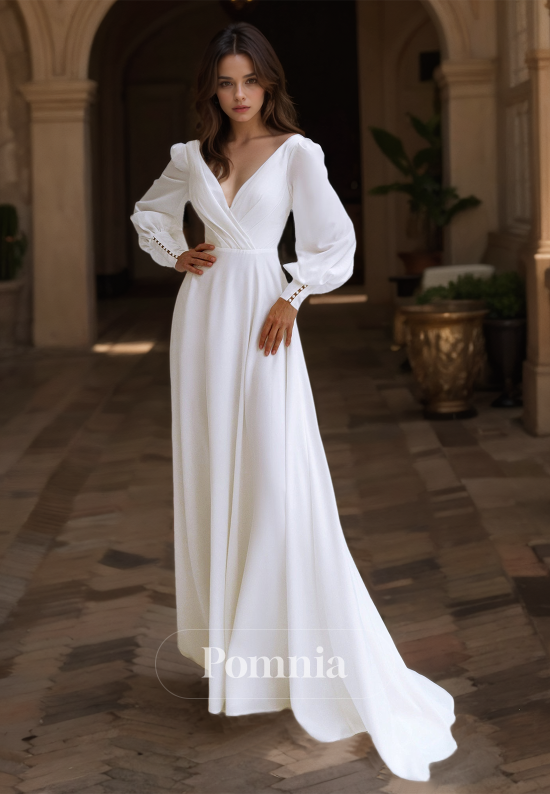 Elegant A-Line Long Sleeves V-Neck Sweep Train Backless Satin Wedding Dress