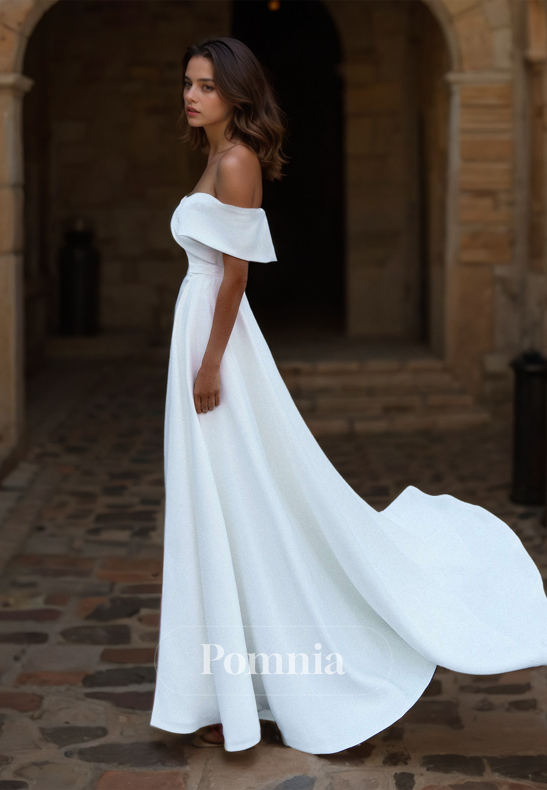 Charming A-Line Off-Shoulder Court Train Empire-Waist Satin Wedding Dress