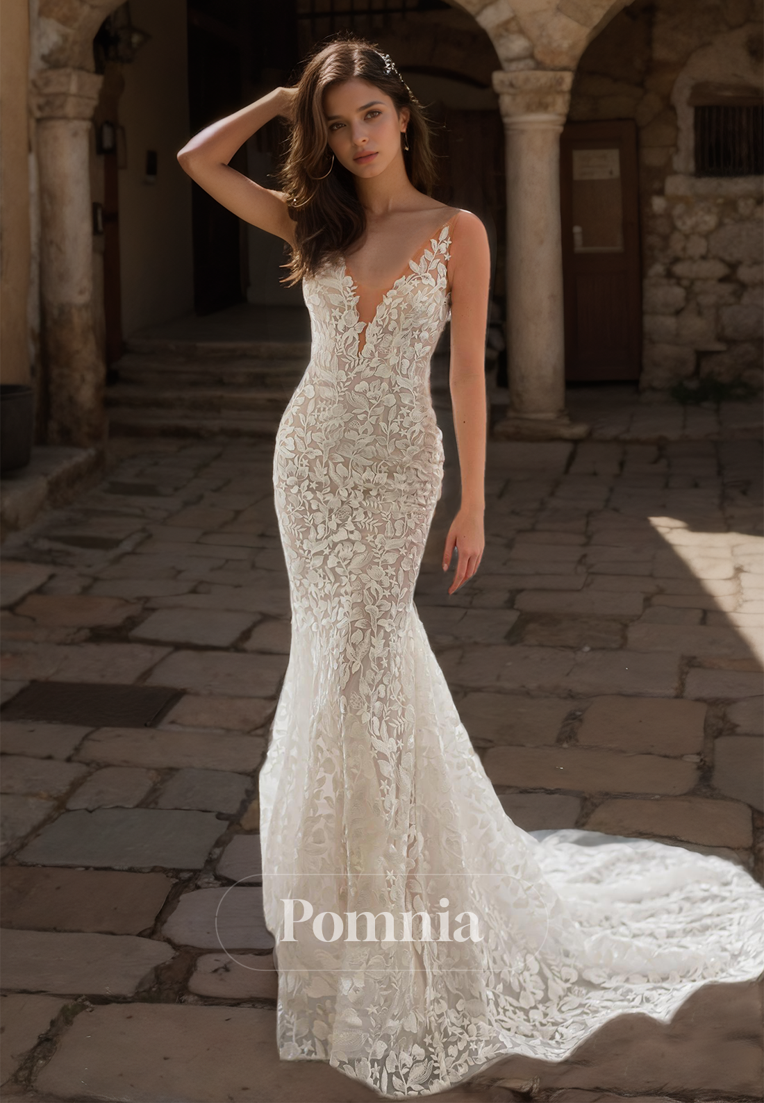 Ornate Spaghetti Straps V-Neck Backless Mermaid Lace Wedding Dress