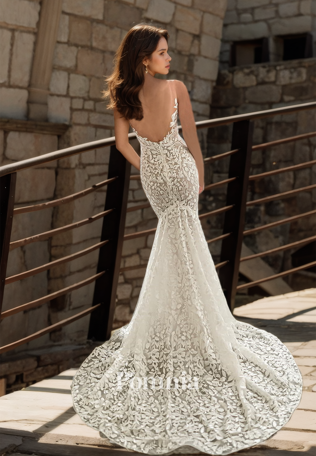 Ornate Spaghetti Straps V-Neck Backless Mermaid Lace Wedding Dress