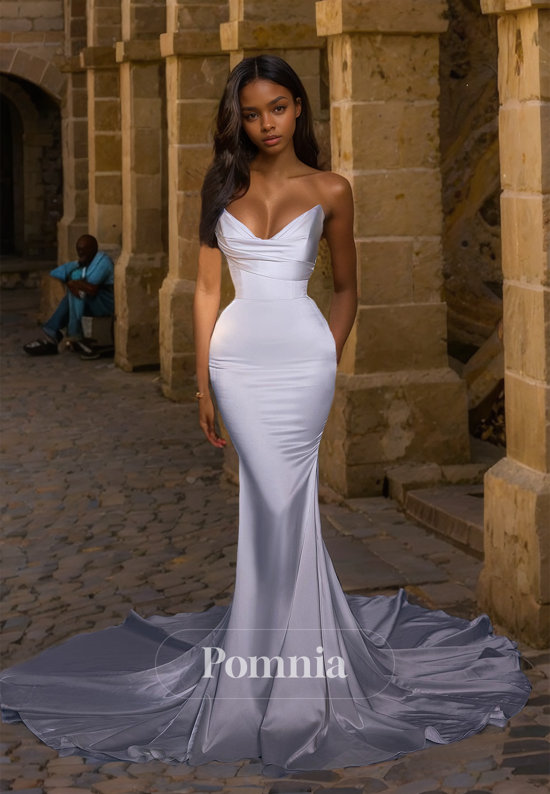 Deep V-Neck Sleeveless Ruched Empire Waist Sweep Train Mermaid Wedding Dress