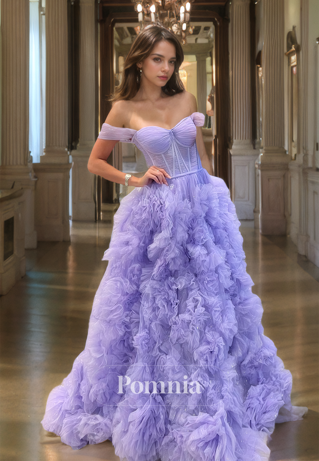 A-Line Tulle Corset Off-shoulder Prom Dress with Train Long Evening Party Dress