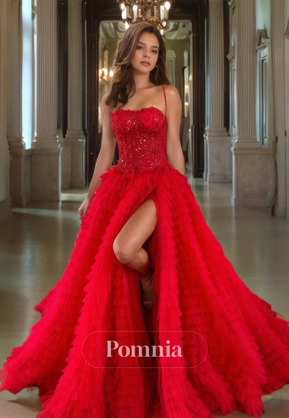 Red A-Line Sweetheart Tiered Prom Dress with Slit Court Train Evening Party Dress