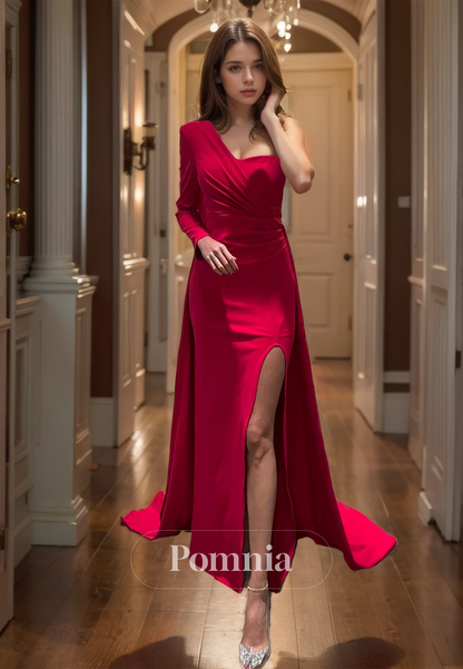 One Shoulder Long Sleeve Prom Dress with Side Slit Ruched Evening Party Dress