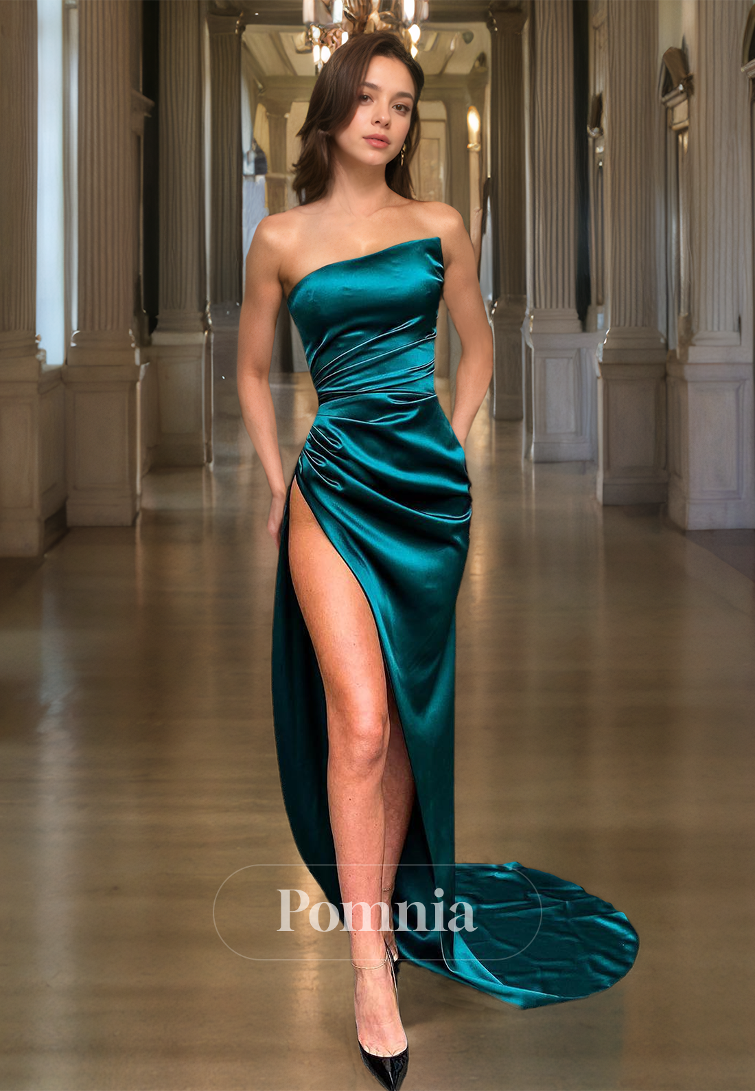 Sheath Strapless Sleeveless Prom Dress with Slit Ruched Evening Party Dress