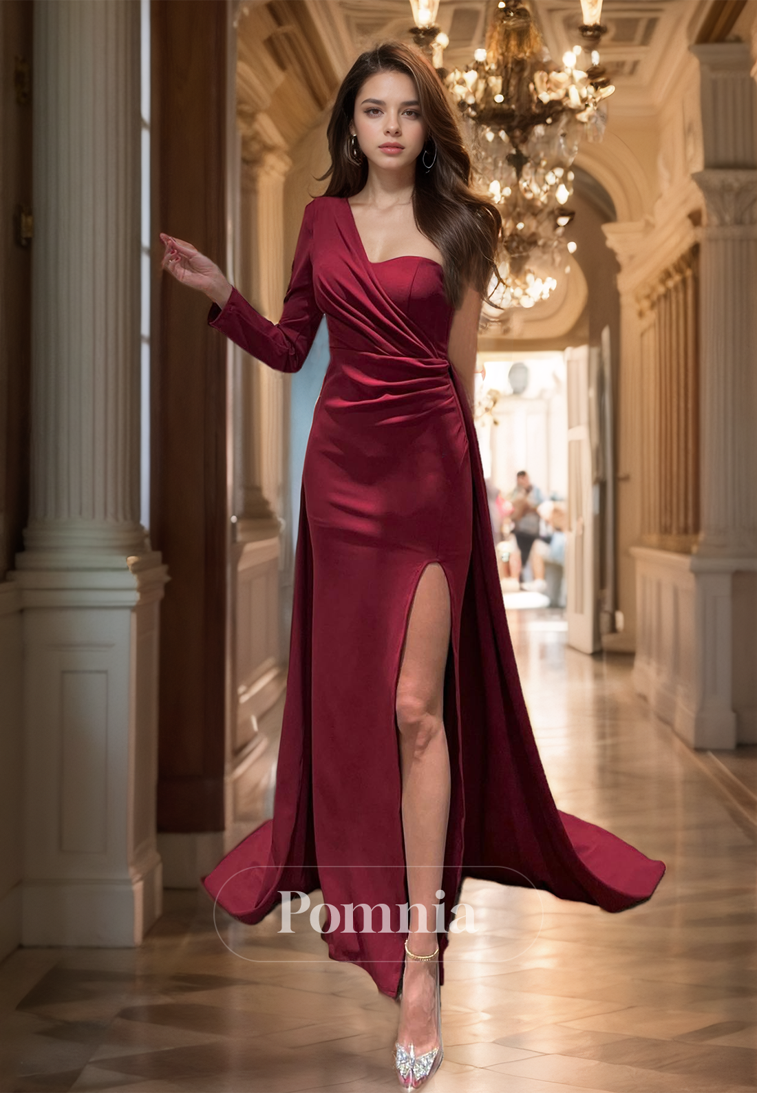 One Shoulder Long Sleeve Prom Dress with Side Slit Ruched Evening Party Dress