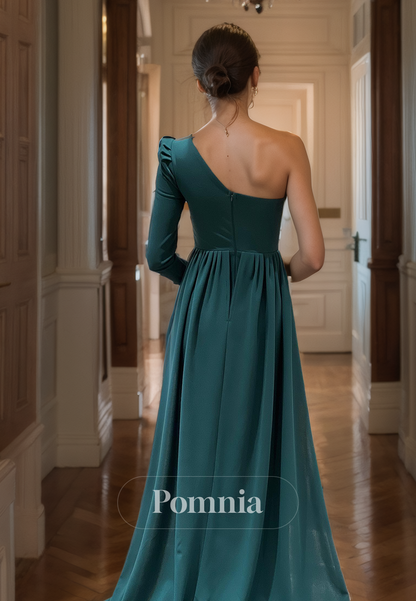 One Shoulder Long Sleeve Prom Dress with Side Slit Ruched Evening Party Dress