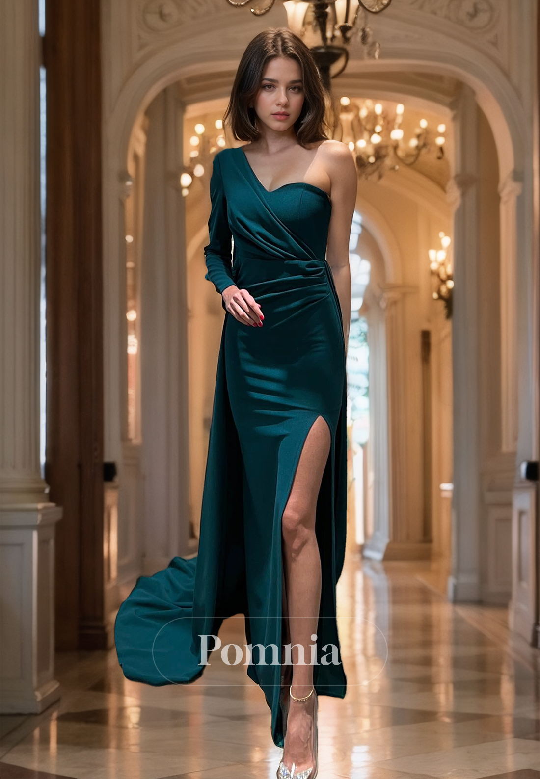 One Shoulder Long Sleeve Prom Dress with Side Slit Ruched Evening Party Dress