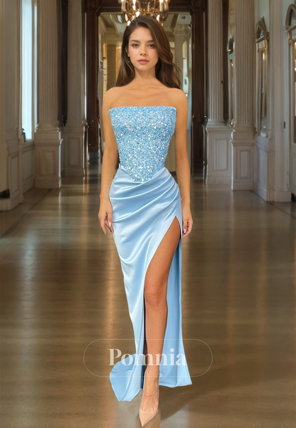 Sky Blue Strapless Sleeveless Prom Dress with Slit Ruched Beaded Evening Party Dress